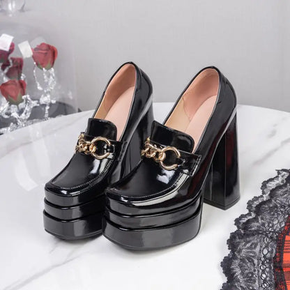 SIMLOVEYO Women Fashion Pumps Round Toe Chunky Heels 14cm Double Platform 4cm Slip On Metal Decor Big Size 43 44 45...