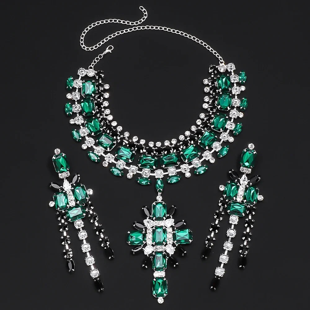 Green Corss Pendant Choker Bridal Collar Charms Party Accessories Statement Necklace Rhinestone Jewelry Pendant Wholesale Gift