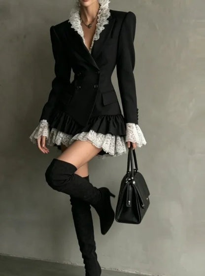 Autumn Lapel Double‑Breasted Lace Ruffle Mini Dresses Women Fashion Long Sleeve Short Dress Elegant Ladies Party...
