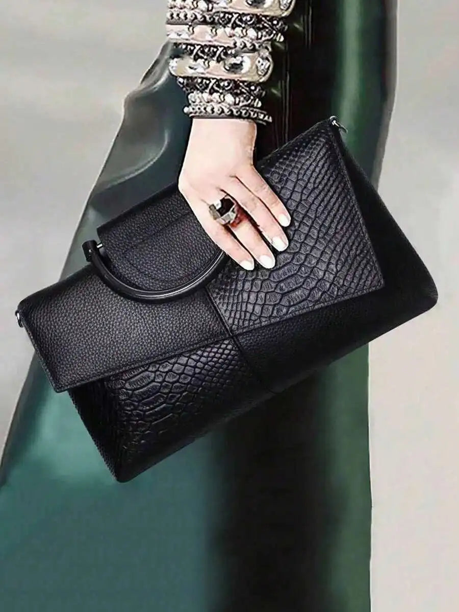 Black PU Croc-Texture Patchwork Clutch with Top Handle for Evening Events