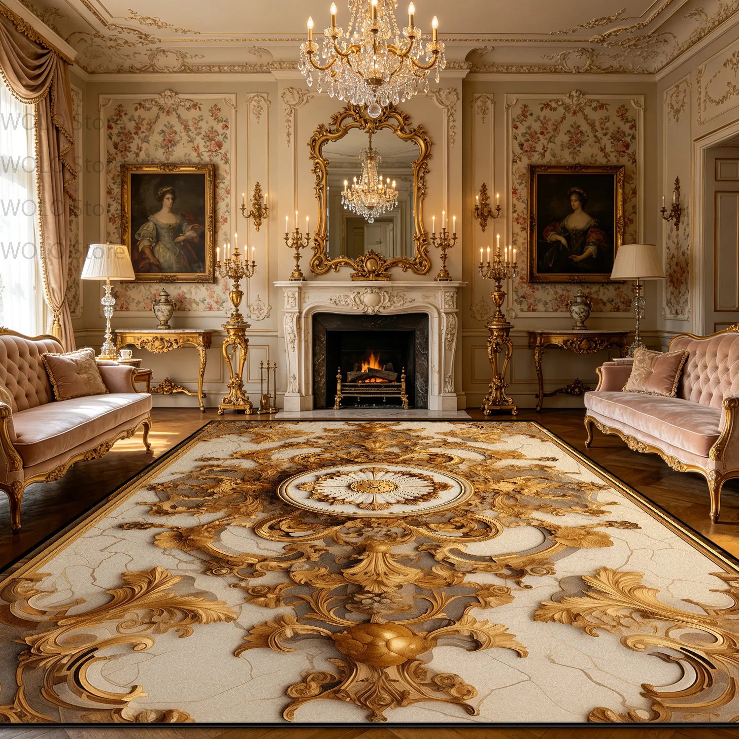 Luxury French Rococo Style Golden Carpet for Living Room Decoration Home Large Area Rugs Dining Room Bedroom Non-slip Floor Mat