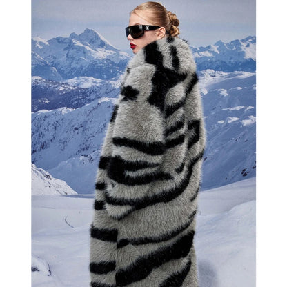 Women's fur coat new fashion zebra print imitation fox fur coat long winter leisure and warm