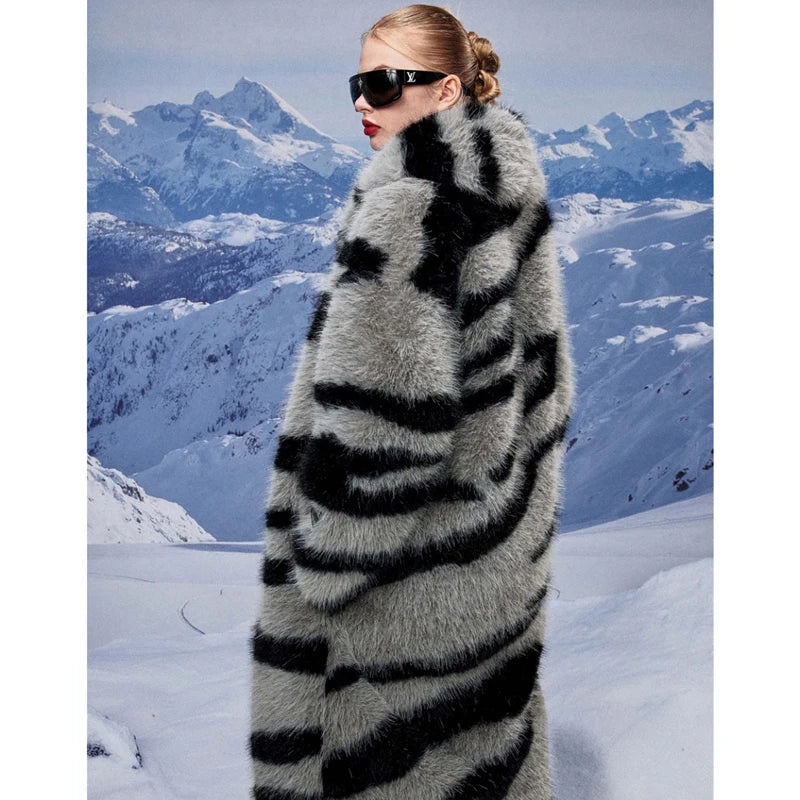 Women's fur coat new fashion zebra print imitation fox fur coat long winter leisure and warm