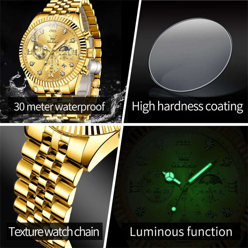 OLEVS 2932 Men's Luxury Watch Fashion Multi functional Waterproof Lunar Phase Chronograph Code Watch High end Brand Quartz Watch