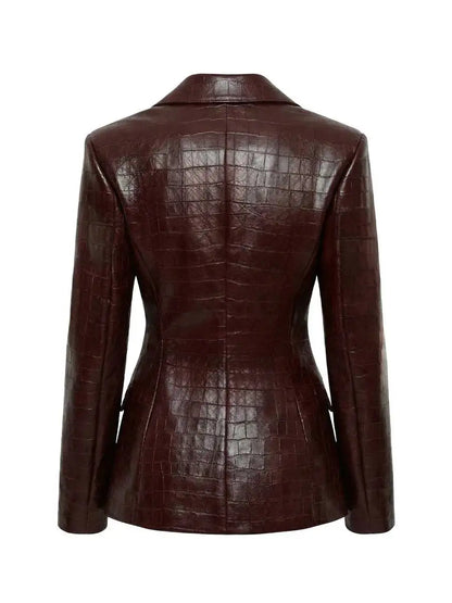 IG Women Burgundy Croc Faux Leather 2 Piece Suit Set Notched Lapel Slim Blazer Jacket High Waist Midi Pencil Skirt...