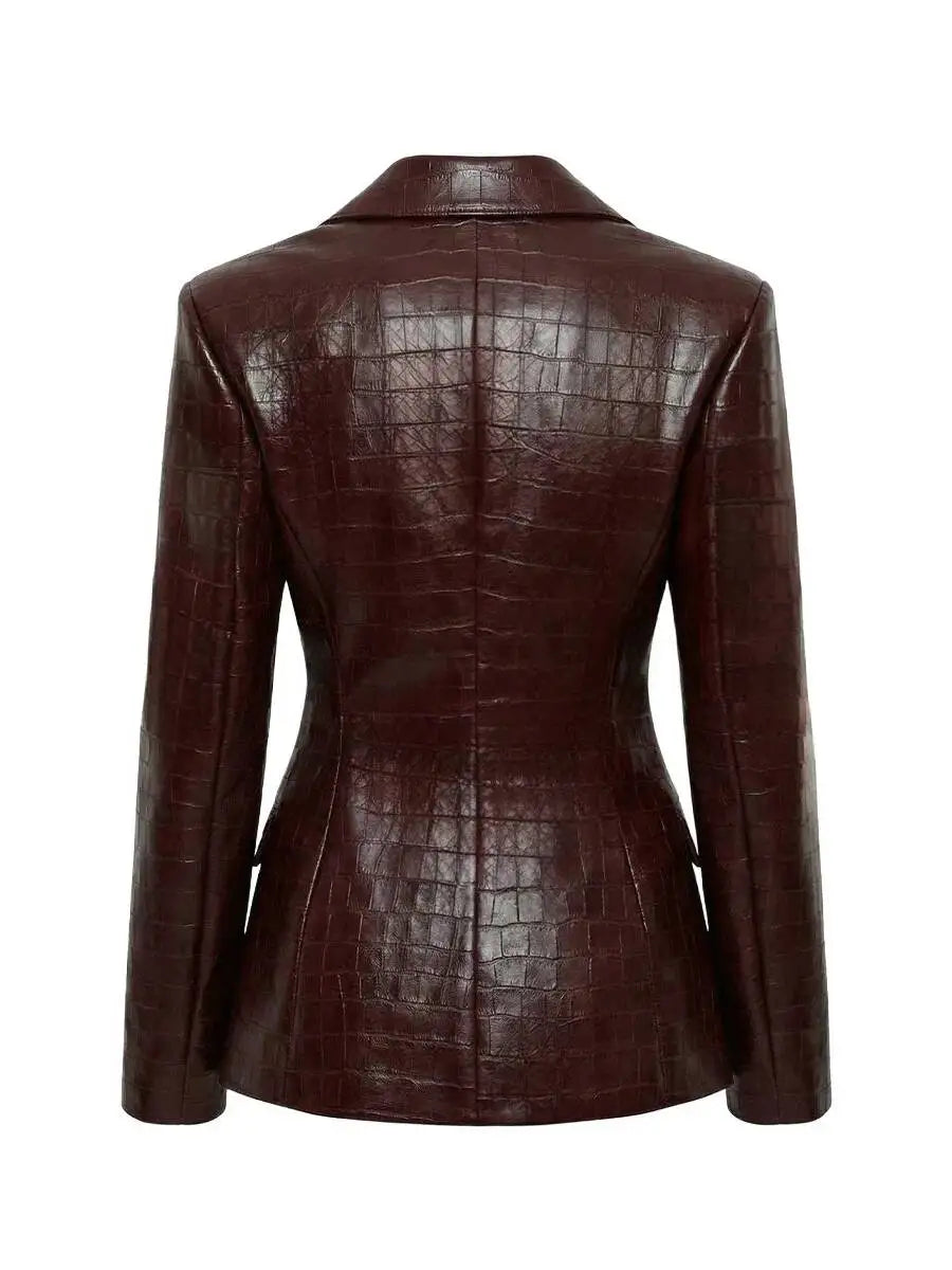 IG Women Burgundy Croc Faux Leather 2 Piece Suit Set Notched Lapel Slim Blazer Jacket High Waist Midi Pencil Skirt...