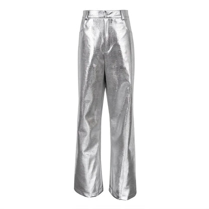 New 2024 Women's Elegant Y2K Silver High Waist Straight Pants Long Trousers Streetwear Autumn Winter Women PU Leather Pants