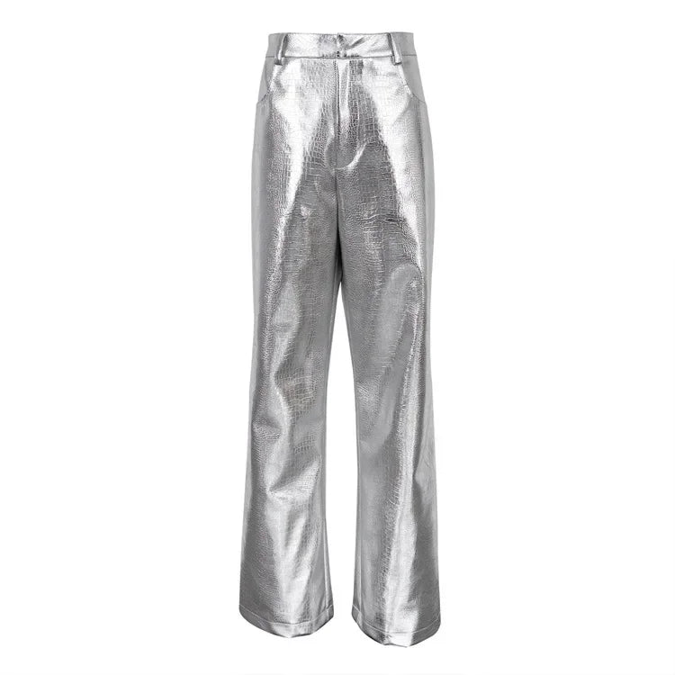 New 2024 Women's Elegant Y2K Silver High Waist Straight Pants Long Trousers Streetwear Autumn Winter Women PU Leather Pants