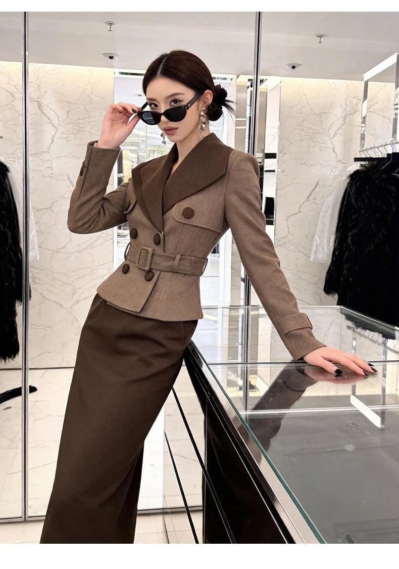 Women Elegant Brown Midi Dress Fake 2-Piece Wide Lapel High Waist Slim Pencil Robe Office Lady Business Formal Occasion...