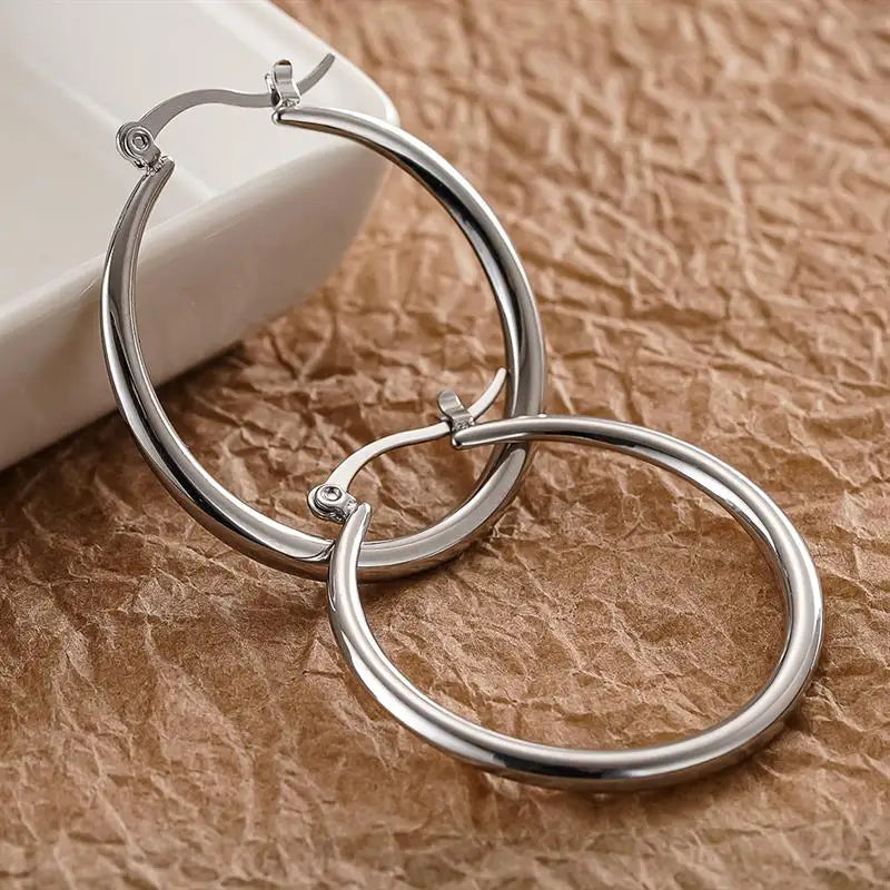 Huitan Fashion Stainless Steel Women Hoop Earrings Circle Wedding Party Luxury Lady Daily Wearable Accessories Chic Jewelry Gift