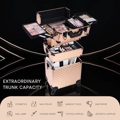 Rolling Makeup Train Case 3 in 1 Professional Cosmetic Trolley Large Storage keys Wheels Case Cart Trunk for Make Up Nail Tech