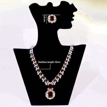 ASNORA New European and American Banquet Jewelry,  Heart Earrings Necklace Set Women's Red Zircon Square Pendant