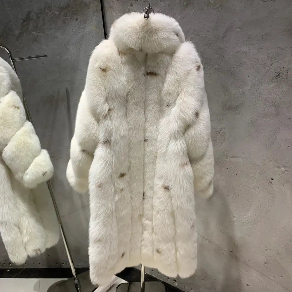 Wholesale Custom Polka Dot Designer Style Warm Fur Outwear Turn-down Collar Full Sleeve Real White Long fox Fur Coat Lady