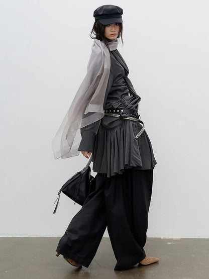 [EAM] Women Gray Pleated Irregular Burr Hem Elegant Shirt Dress New V-neck Long Sleeve Fashion Tide Spring Autumn 2026...