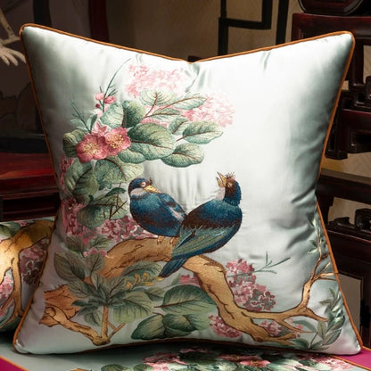 Luxurious Embroidered Silk-like 2 Magpies Square Home Sofa Decorative Pillow Case 3 Colors No Insert 18x18" 1 Piece Pack - Kimlud