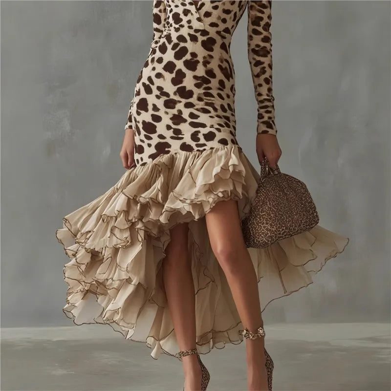 Autumn Long Sleeve Mini Slim Fit Dress Leopard Print Patchwork Long Sleeve Women's Fashion Polyester Fiber V-Neck Dress