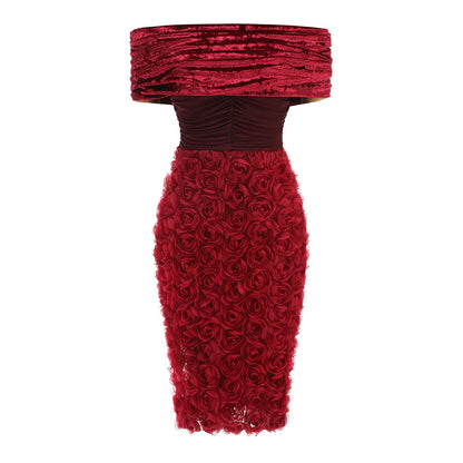 VC Red Off The Shoulder Midi Dress Flower Patchwork Mesh Slash Neck Velvet Bodycon Prom Celebrity Cocktail Party Wear Vestidos