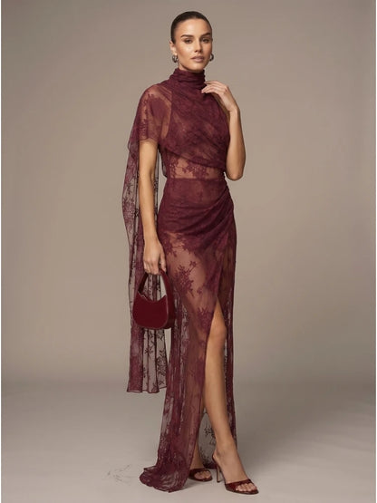 Sexy Backless High Neck See Through Lace Ruched Long Dress Women Burgundy Sleeveless Draped Slim Dresses Evening Maxi Party Gow