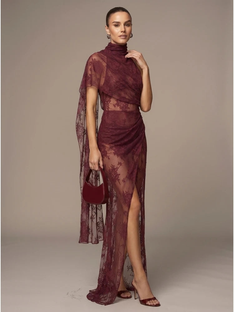Sexy Backless High Neck See Through Lace Ruched Long Dress Women Burgundy Sleeveless Draped Slim Dresses Evening Maxi Party Gow