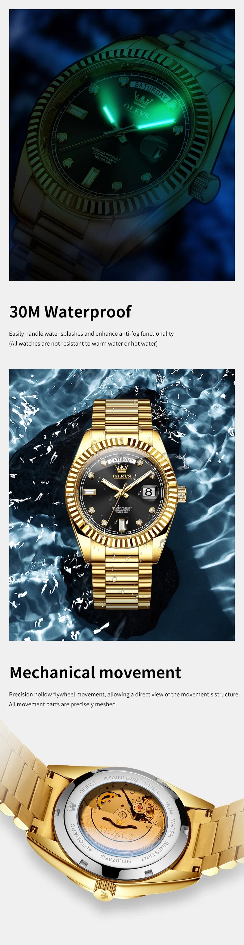 OLEVS Men's Fully Automatic Mechanical Watch Gold Stainless Steel Date Men's Night Light Waterproof Business Watch |...
