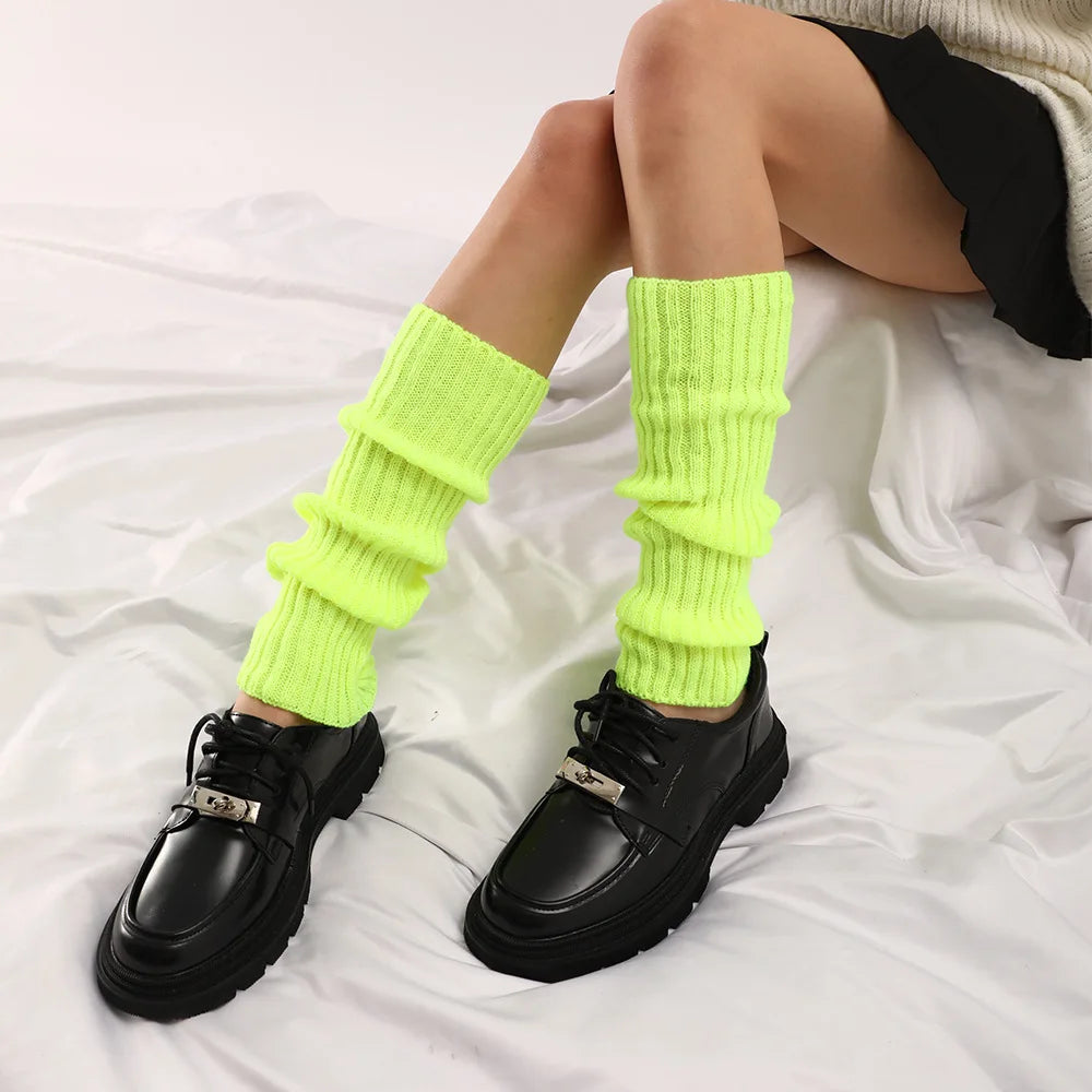 Women Halloween 80s Neon Colored Knit Leg Warmers Ribbed Bright Footless Socks Punk Black Knee High Gothic Hip-hop Rock Sock