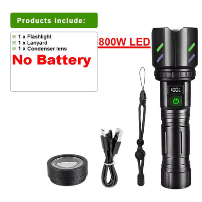 Most Powerful 200000LM Tactical Flashlight Firestarter High Power Led Flashlight Type-C Rechargeable Torch Laser Pointer Outdoor