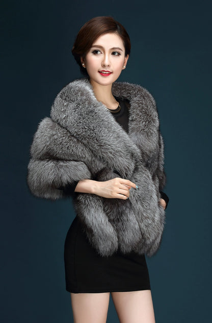 No. 19-Fall and Winter Bride Imitation Fox Fur Shawl Wedding Cloak Dress and Cheongsam Fur Cape Coat White Thick Women