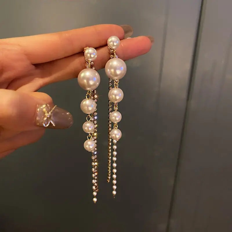 New Classic Elegant Imitation Pearl Dangle Earrings For Women Crystal Long Tassel Exquisite Drop Earring Wedding Jewelry...