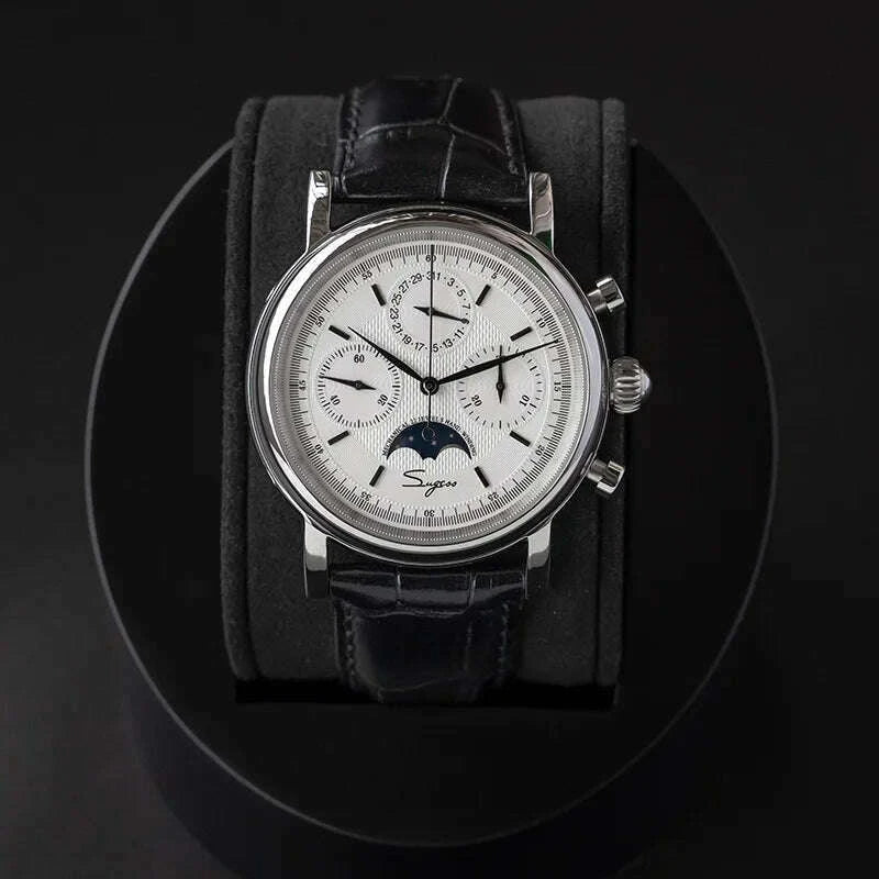 Sugess Mechanical Men Watch Original ST1908 Movement Chronograph Vintage Moonphase Genuine Leather Band Waterproof 50ATM  ST19