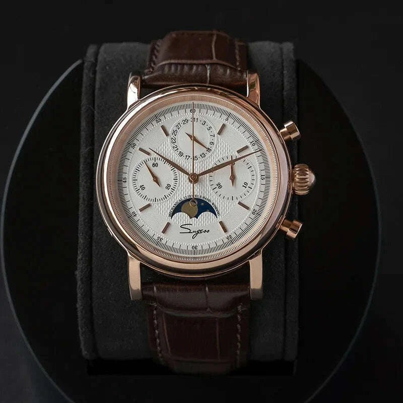 Sugess Mechanical Men Watch Original ST1908 Movement Chronograph Vintage Moonphase Genuine Leather Band Waterproof 50ATM  ST19