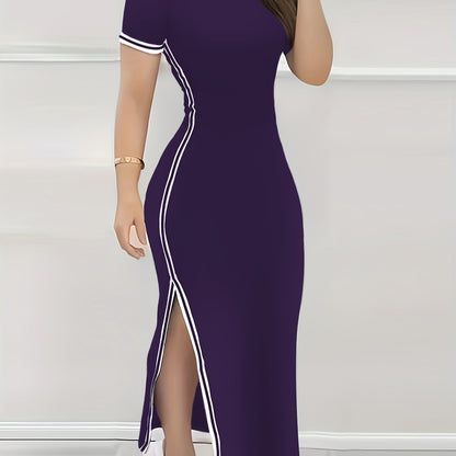 Contrast Trim Split Hem Bodycon Dress, Elegant Crew Neck Short Sleeve Dress For Spring & Summer, Women's Clothing