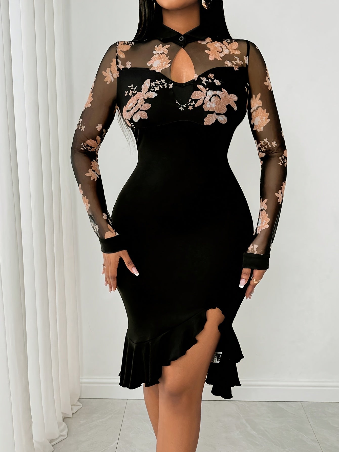 [Floral Ruffle Bodycon Dress] Long Sleeve Black Floral Mesh Panel Ruffle Asymmetrical Hem Bodycon Dress - Machine Washable, Polyester Blend, Party Attire