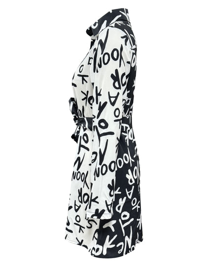 Fashionable Letter Print Dress with Belted Waist - Long Sleeve Button-Up Shirt Dress for Casual Style