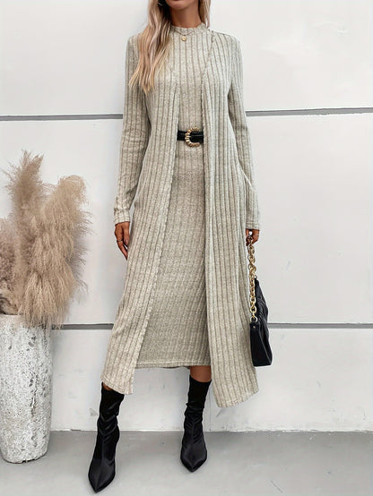Elegant Ribbed Knit Two-Piece Set for Women - Comfy Long Sleeve Cardigan & Bodycon Dress, Machine Washable