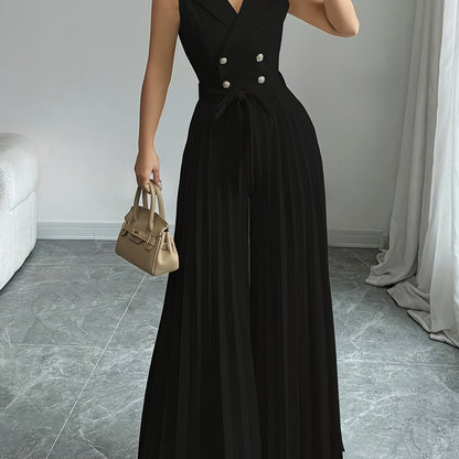 Women'S Elegant Double-Breasted Jumpsuit - Beige/Neutral Tones, Structured Formal & Casual Outfit with Belted Waist, Office Party Wedding Attire for Spring/Fall Seasons, Spring Fashion, Classic Silhouette, Polished Finish, Ve