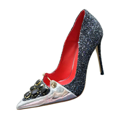 ABENGYA Pointed Toe Thin High Heel Shoes Women Gemstone Border Stiletto Pumps Female Summer Luxury Sexy Bride Dress Shoes Woman