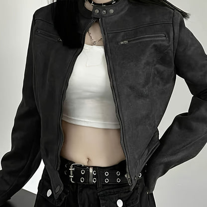 Women's Elegant Gothic Full-Zip Jacket with Full-Zip Front Closure, Full-Length Zipper & Stand Collar - Heavy-Duty Winter Outerwear, Machine Washable Black -like Texture Coat for Fall/Winter, Casual & Formal Outfits, Retro Zi