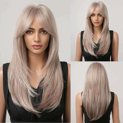 ALAN EATON Blonde Layered Synthetic Wigs for Women Long Straight Brown Highlights Wigs with Bangs Balayage Hair Heat Resistant