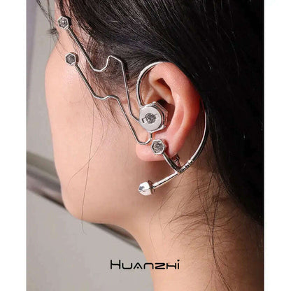 Alien Cyberpunk Transparent Zircon Metal Ear Hook for women men unisex Punk Ear bone clip Streetwear Accessory HUANZHI 2023 New
