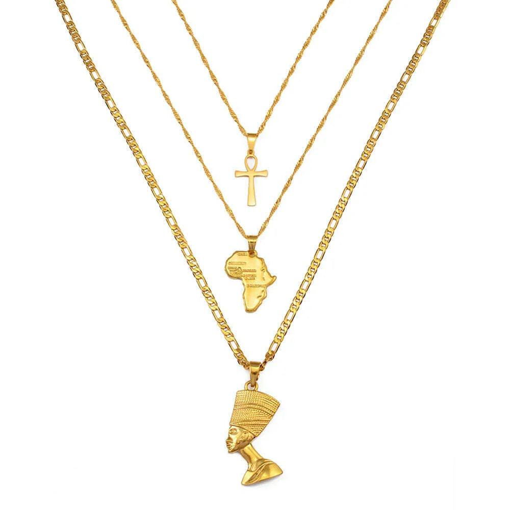 Anniyo 3pcs Necklaces Together Ankh Nefertiti Africa Map Pendant Gold/Silver Color Birthday Party Ethnic Jewelry Women #244606