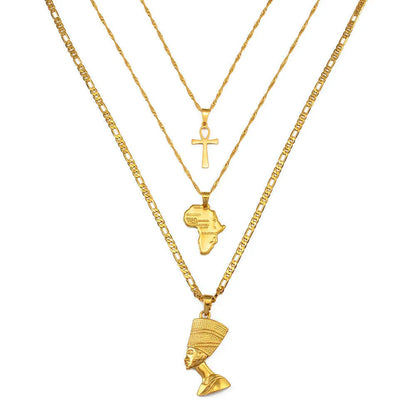 Anniyo 3pcs Necklaces Together Ankh Nefertiti Africa Map Pendant Gold/Silver Color Birthday Party Ethnic Jewelry Women #244606