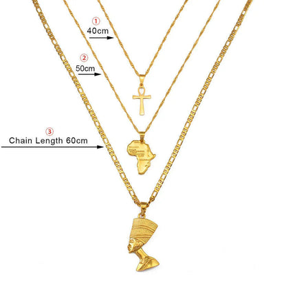 Anniyo 3pcs Necklaces Together Ankh Nefertiti Africa Map Pendant Gold/Silver Color Birthday Party Ethnic Jewelry Women #244606