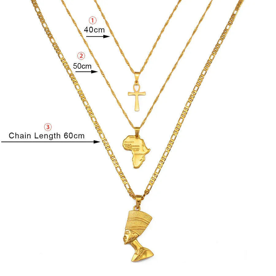 Anniyo 3pcs Necklaces Together Ankh Nefertiti Africa Map Pendant Gold/Silver Color Birthday Party Ethnic Jewelry Women #244606