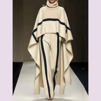 Autumn Winter Cloak Top Two Pieces Sets, Women Casual Turtleneck Fashion Outfit, 2025 Simple Chic Pocket Patchwork Ladies Suits