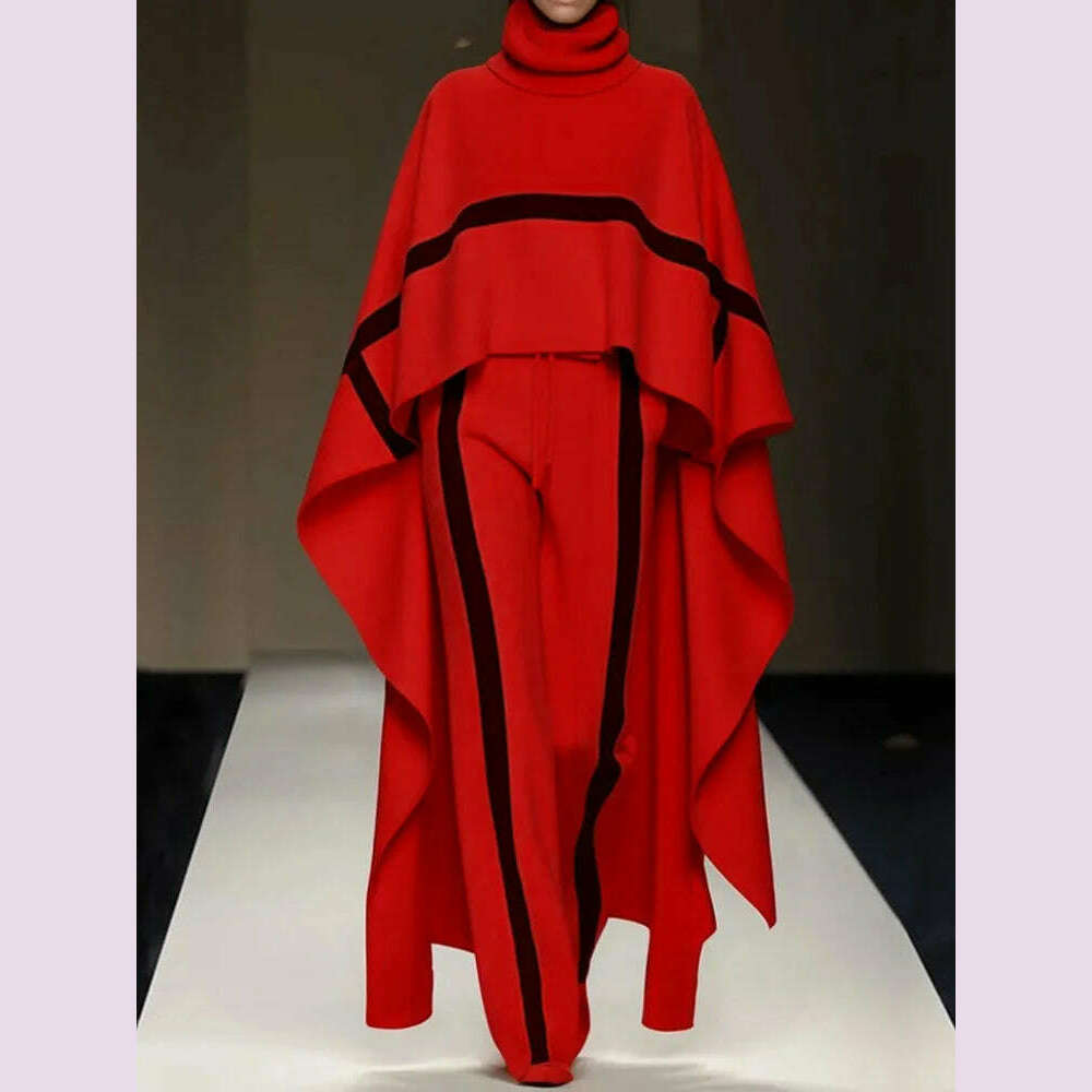 Autumn Winter Cloak Top Two Pieces Sets, Women Casual Turtleneck Fashion Outfit, 2025 Simple Chic Pocket Patchwork Ladies Suits