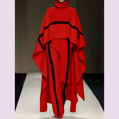 Autumn Winter Cloak Top Two Pieces Sets, Women Casual Turtleneck Fashion Outfit, 2025 Simple Chic Pocket Patchwork Ladies Suits