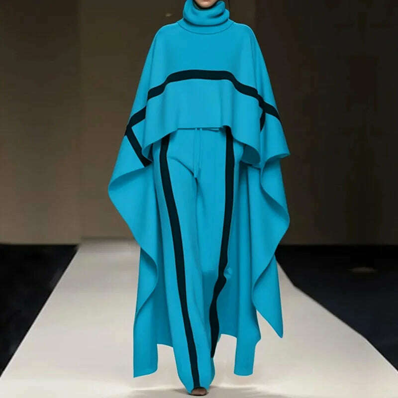 Autumn Winter Cloak Top Two Pieces Sets, Women Casual Turtleneck Fashion Outfit, 2025 Simple Chic Pocket Patchwork Ladies Suits