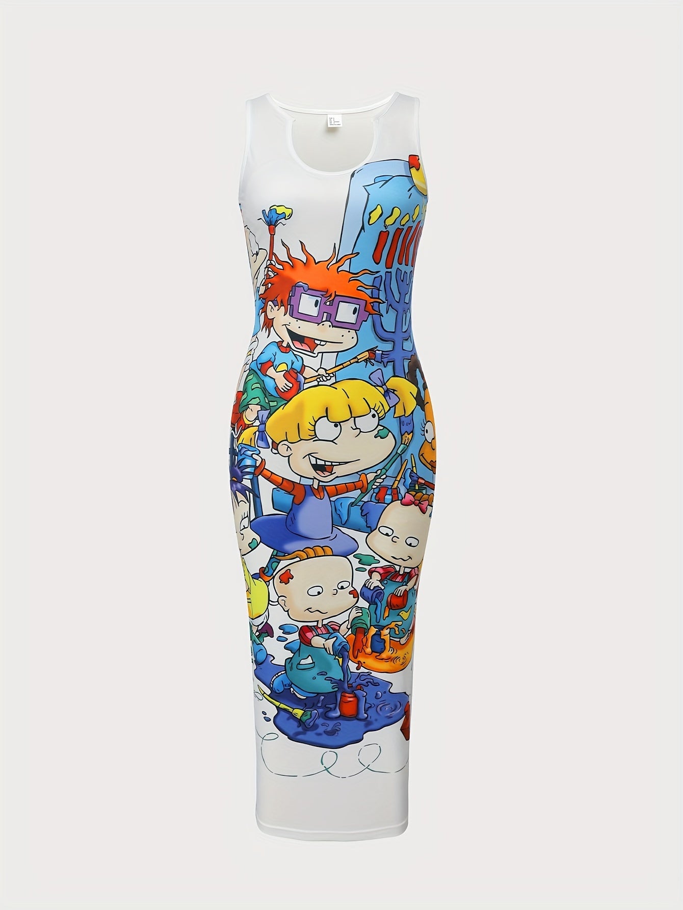Cartoon Character Print Tank Dress, Casual Crew Neck Sleeveless Bodycon Dress, Women's Clothing