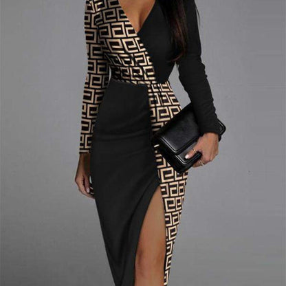 GEOMETRIC PRINT SPLIT THIGH PATCHWORK BODYCON DRESS