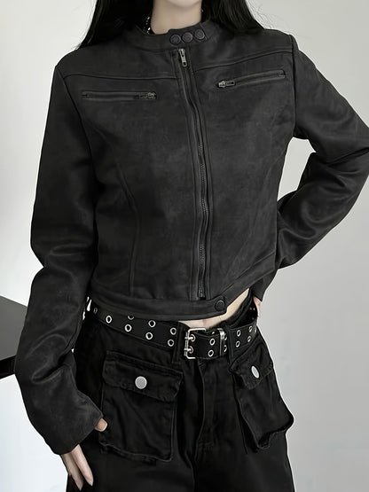 Women's Elegant Gothic Full-Zip Jacket with Full-Zip Front Closure, Full-Length Zipper & Stand Collar - Heavy-Duty Winter Outerwear, Machine Washable Black -like Texture Coat for Fall/Winter, Casual & Formal Outfits, Retro Zi